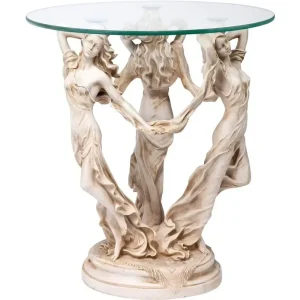 z Outdoor Table Greek Muse Statue Glass Top Side Table, Cast Resin, Antique Stone Finish, 18" wide, 18" deep, 20" high