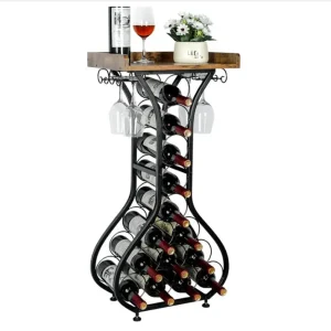 Wine Rack Freestanding Floor Mini Bar Table Wine Holder Stand Liquor Cabinet with Glass Holder Wine Wood Tabletop for Home Bar