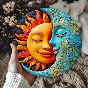 2D Flat Round Wooden Sign Sun And Moon Garden Decoration Farmhouse Garage Photo Props Gift Decoration House Or Gaden